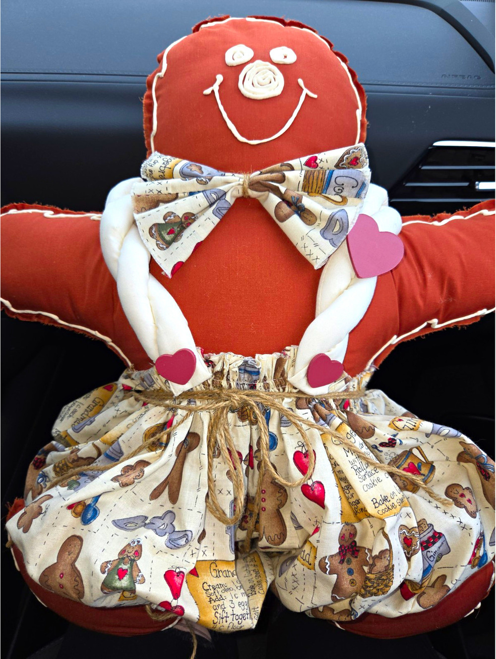 Gingerbread girl Large Plush Doll Holiday Print Dress Bow 1998